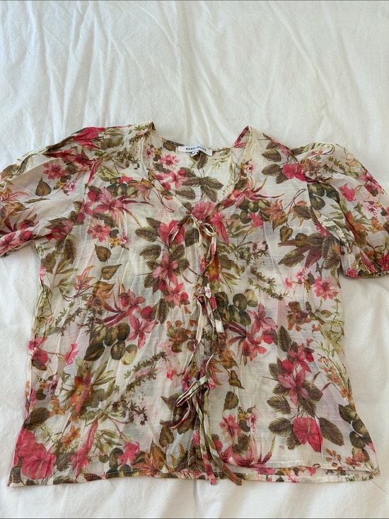 Rose & Olive Tops - Rose & Olive Sheer Floral Tie-Front Blouse in Pink and Green